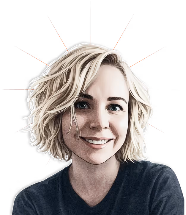 Illustration of a smiling woman with short, wavy blonde hair wearing a dark shirt.