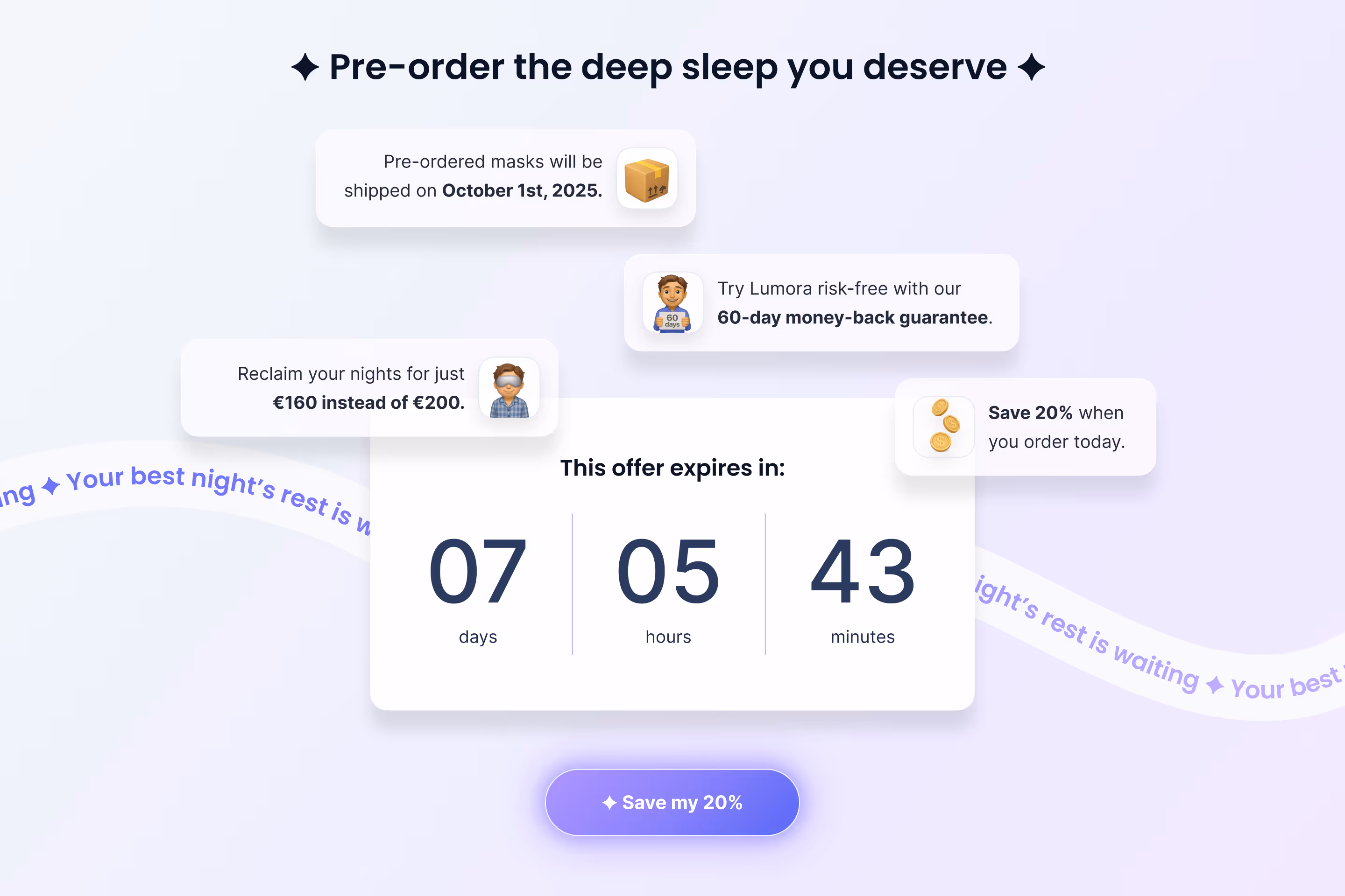 Pre-order call to action section with countdown timer showing 7 days 5 hours 43 minutes, highlighting 20 percent discount, 60-day money-back guarantee, and October 1st shipping date, with a Save my 20 percent button