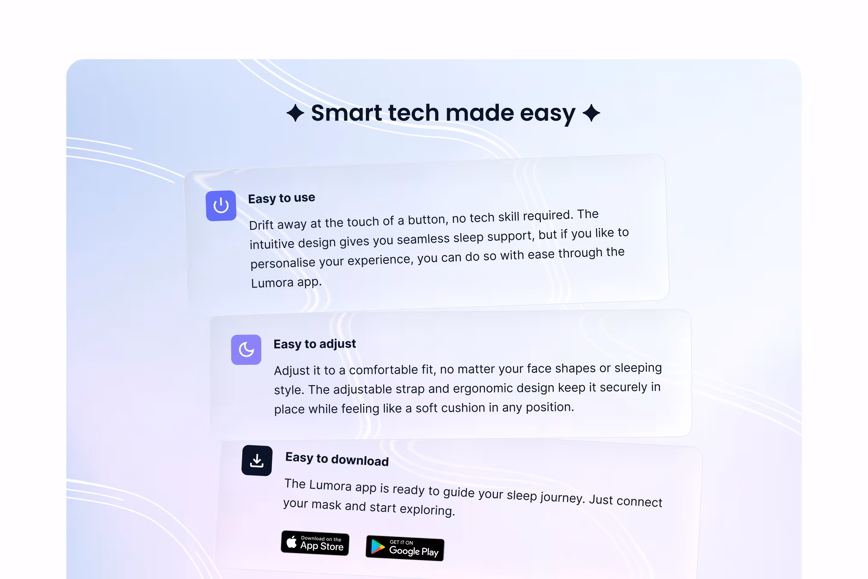 Smart tech made easy section explaining three steps: Easy to use with intuitive one-button design, Easy to adjust with ergonomic strap for any face shape, and Easy to download with App Store and Google Play badges for the Lumora companion app