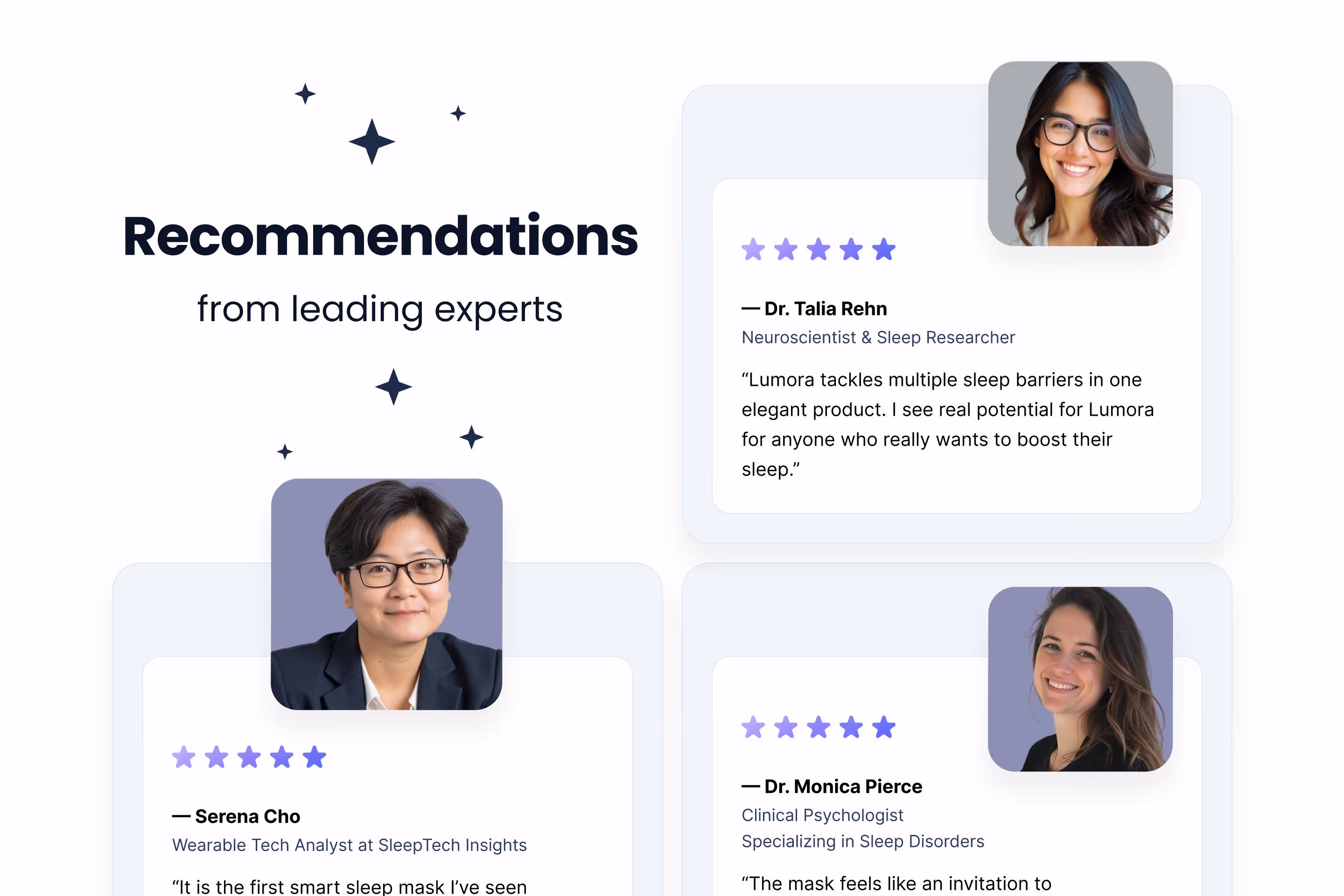 Expert recommendations section with three review cards from Dr. Talia Rehn neuroscientist, Serena Cho wearable tech analyst, and Dr. Monica Pierce clinical psychologist, each with five-star ratings and quotes about Lumora