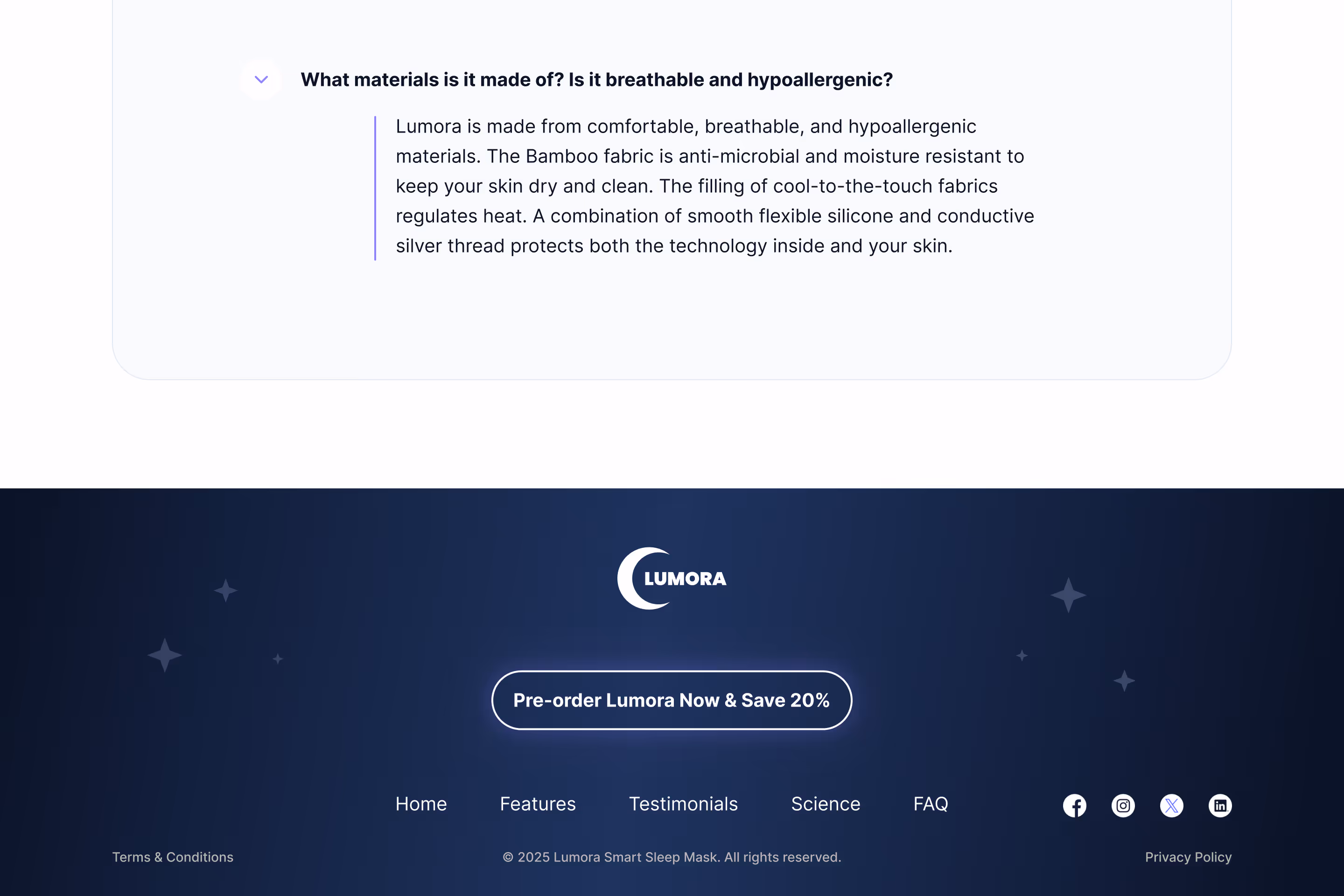 Dark footer with Lumora logo and moon crescent, a pre-order call to action button Save 20 percent, navigation links to Home Features Testimonials Science and FAQ, social media icons for Facebook Instagram X and email, plus Terms and Conditions and Privacy Policy links