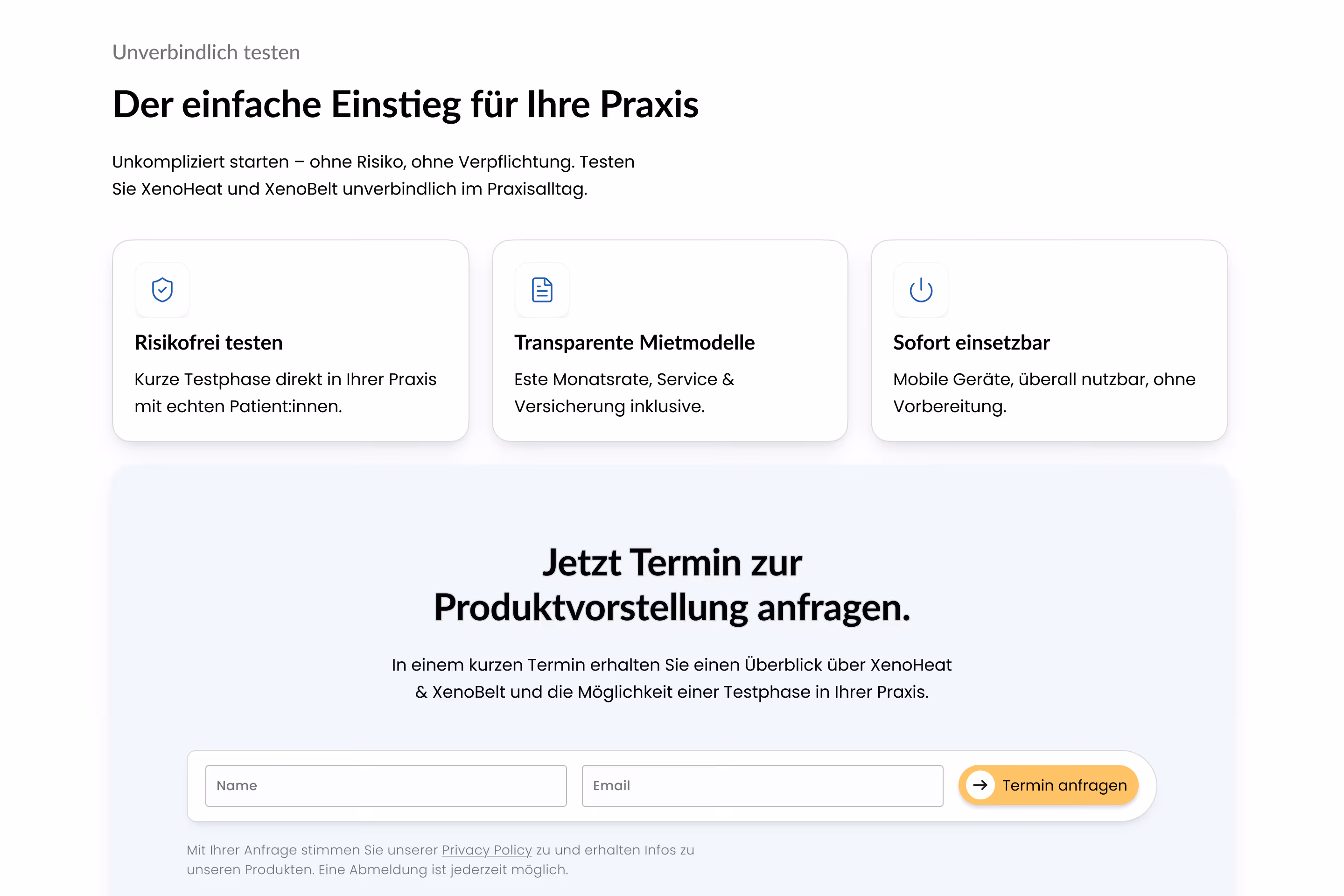 XenoPatch website CTA section — trial offer with risk-free testing, transparent rental model, and appointment request form
