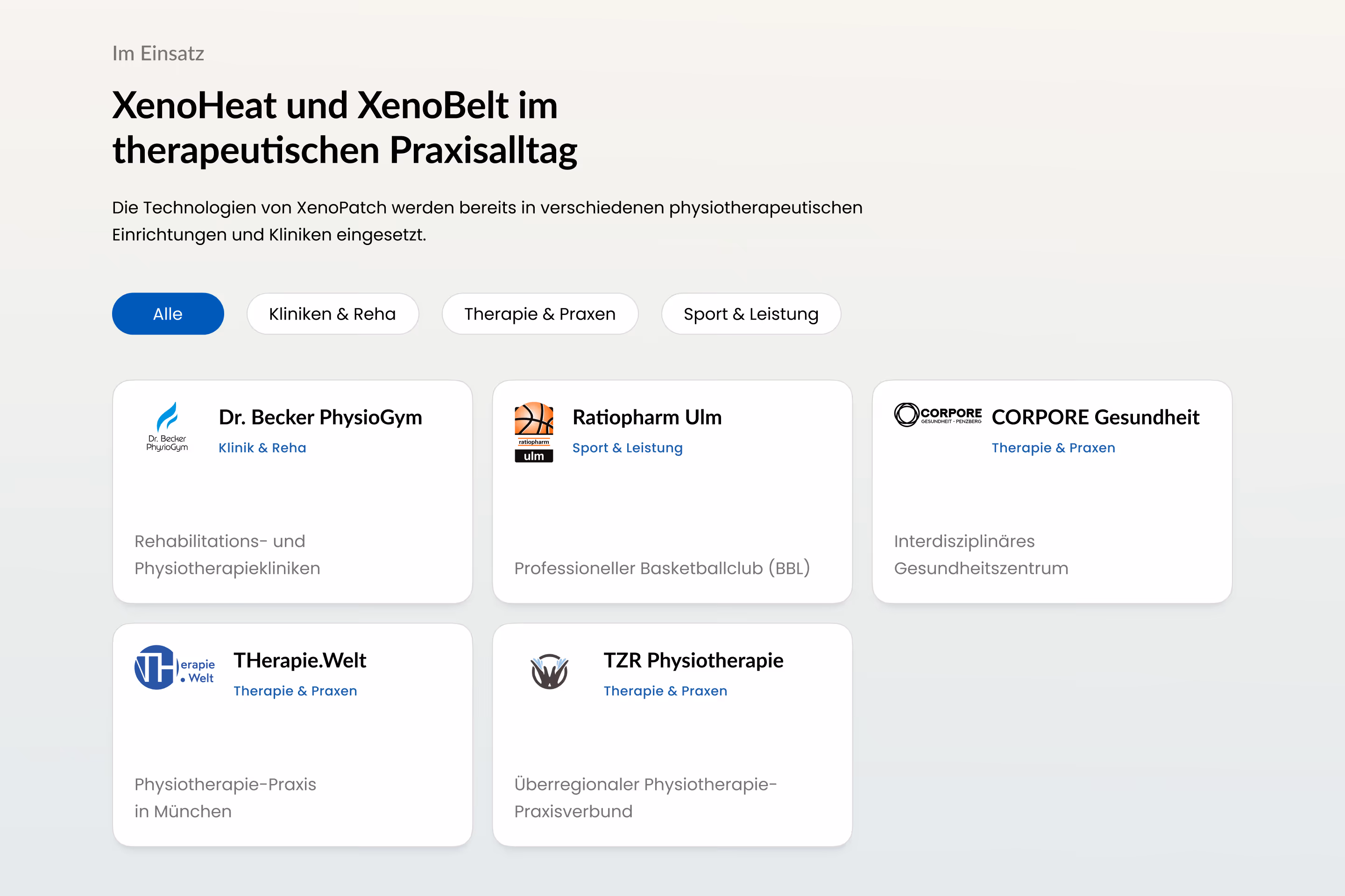Social Proof section of the XenoPatch website — client logos and partner cards including clinics, physiotherapy practices, and sports organizations using XenoHeat and XenoBelt