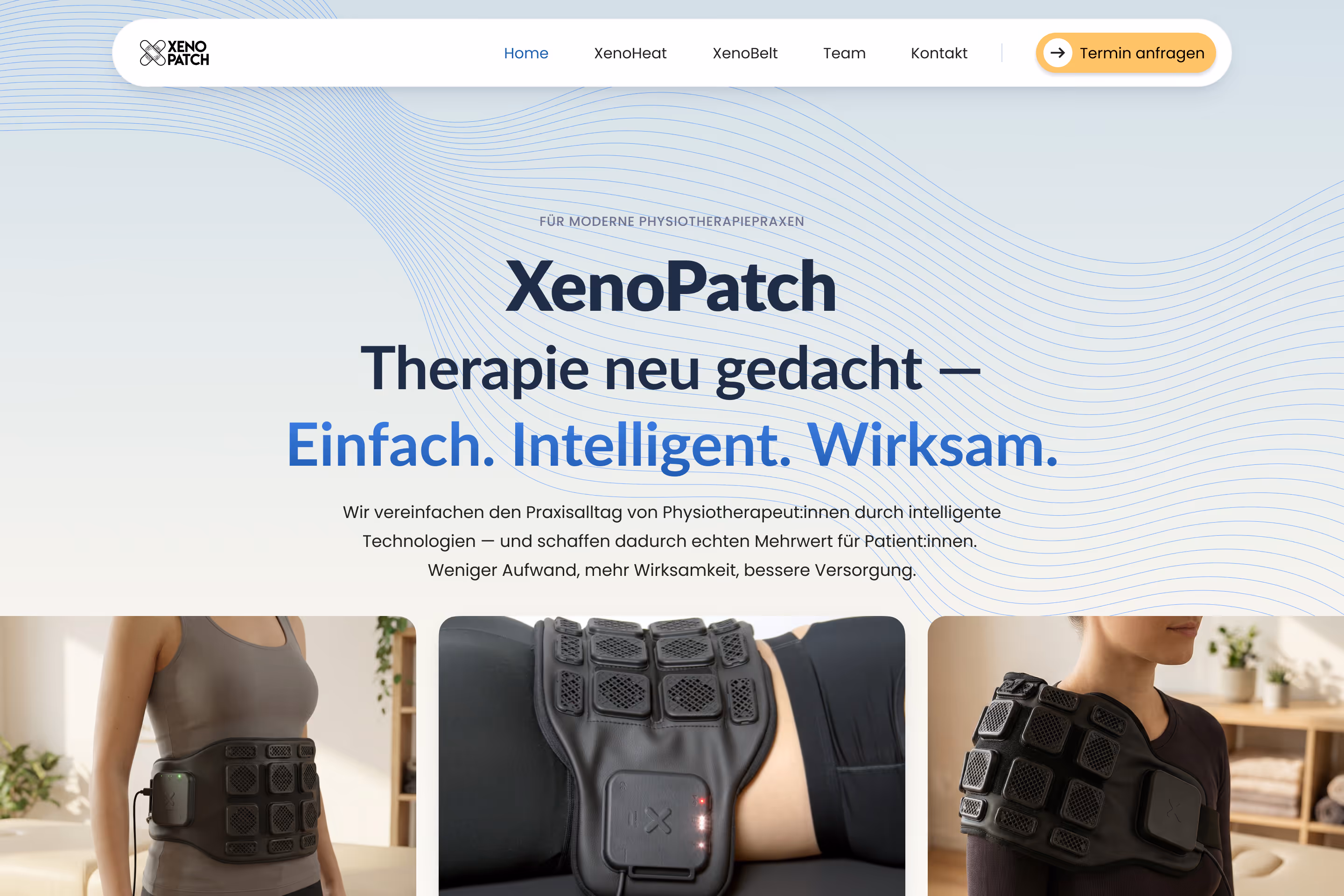 Hero section of the XenoPatch website — physiotherapy device worn on the lower back, shoulder, and back, with animated wave background