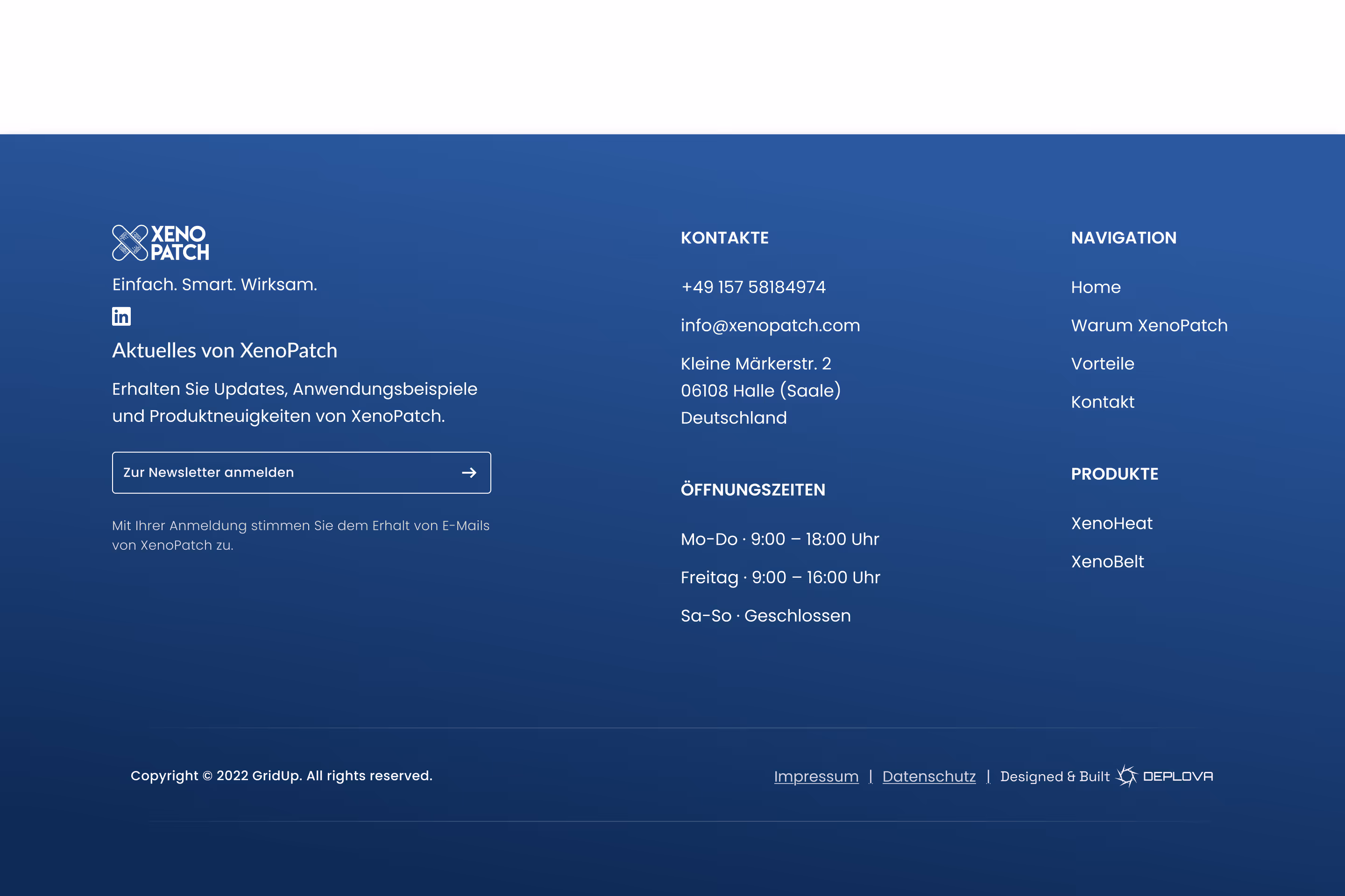 XenoPatch website footer — navigation, contact details, newsletter signup, and "Designed & Built by Deplova" credit