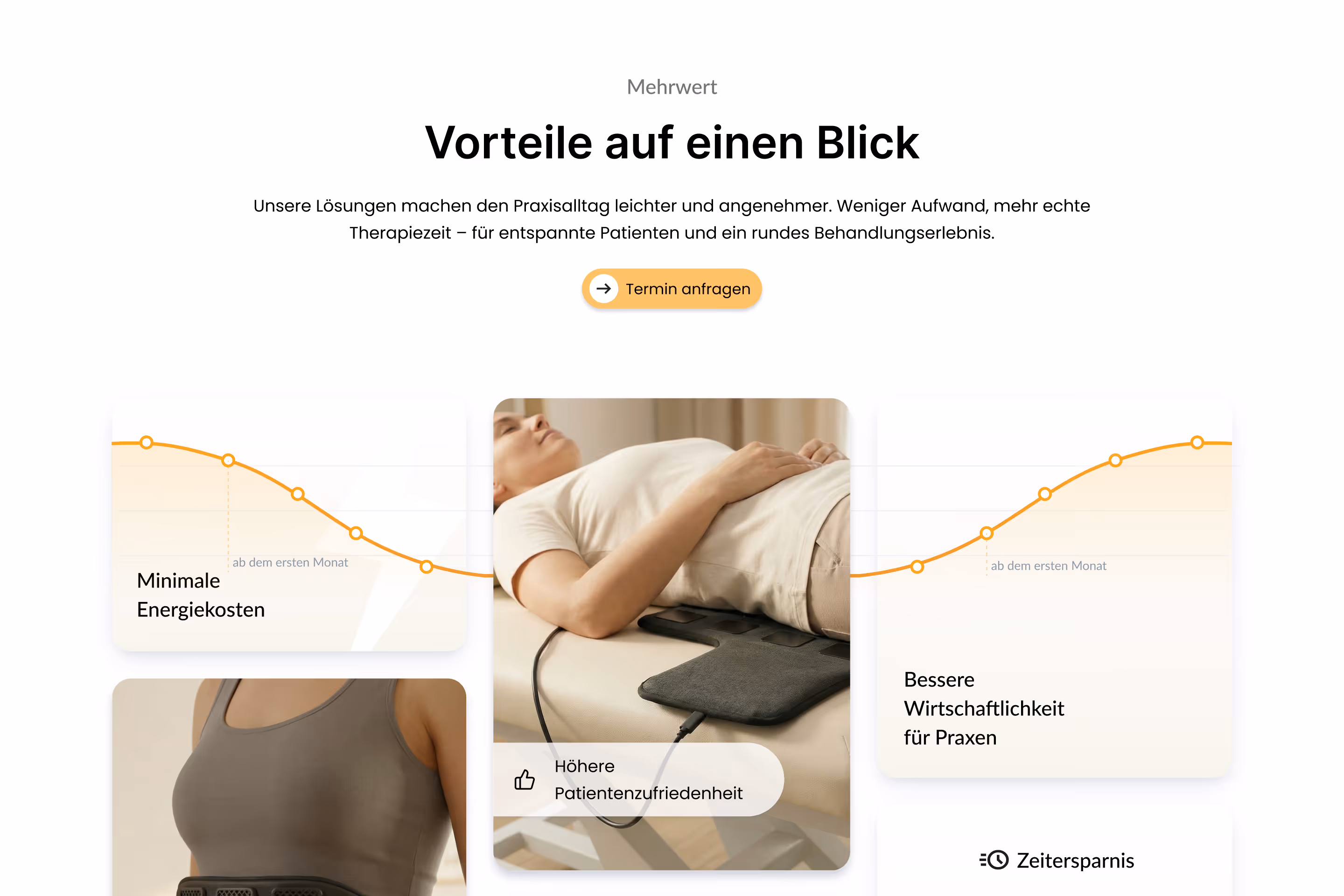 Benefits section of the XenoPatch website — visual overview of key advantages including energy savings, patient satisfaction, and practice efficiency with device lifestyle imagery