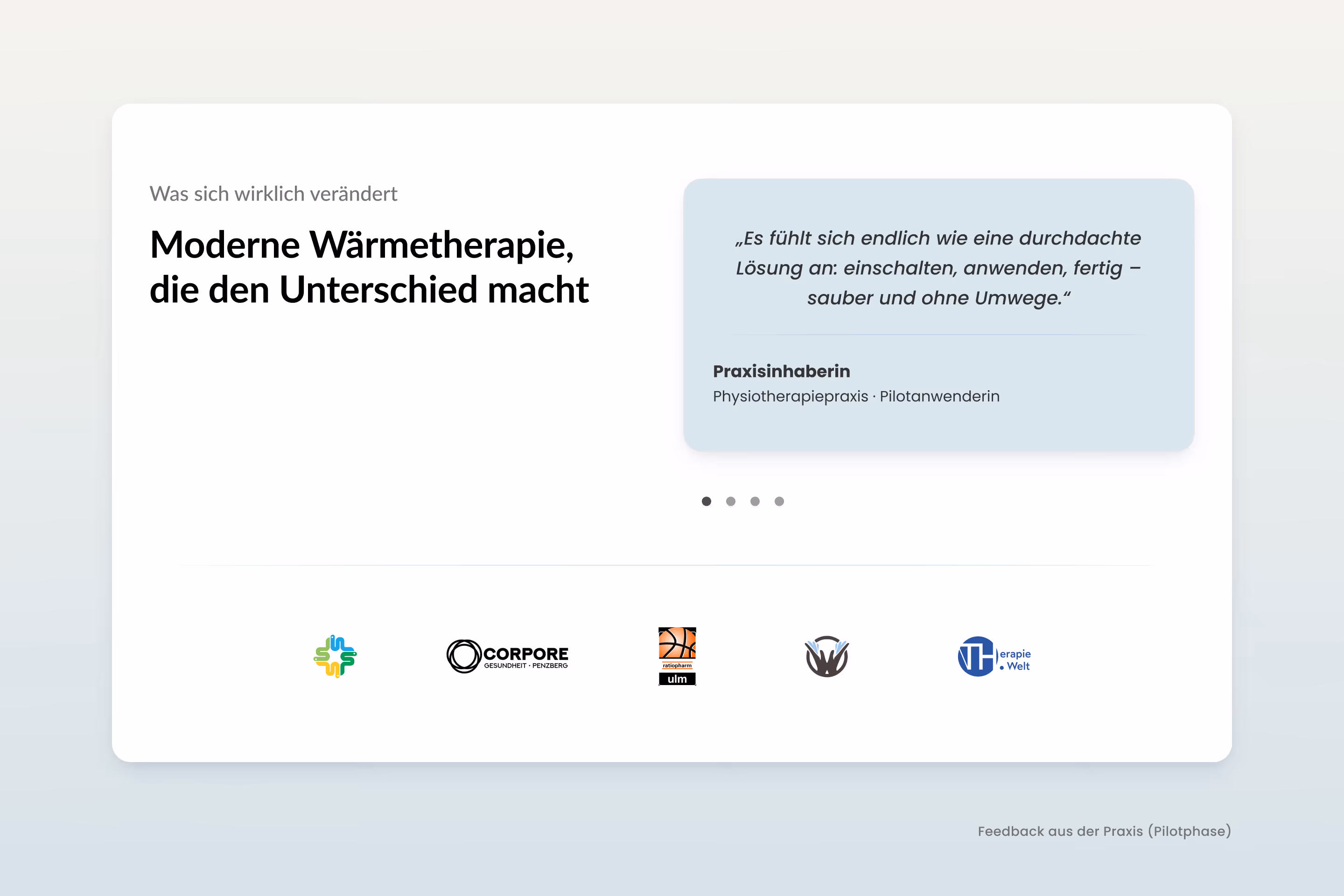 XenoBelt testimonials section — quote from a practice owner pilot user alongside partner and client logos