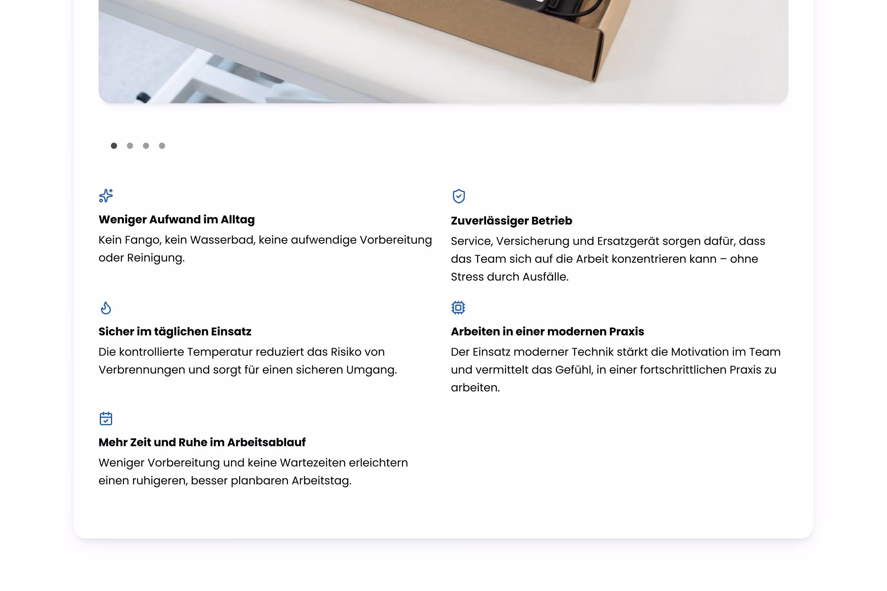 XenoHeat Team Benefits section — XenoPatch device packaging alongside benefit icons covering reduced daily workload, safe operation, reliable service, time savings, and working in a modern practice