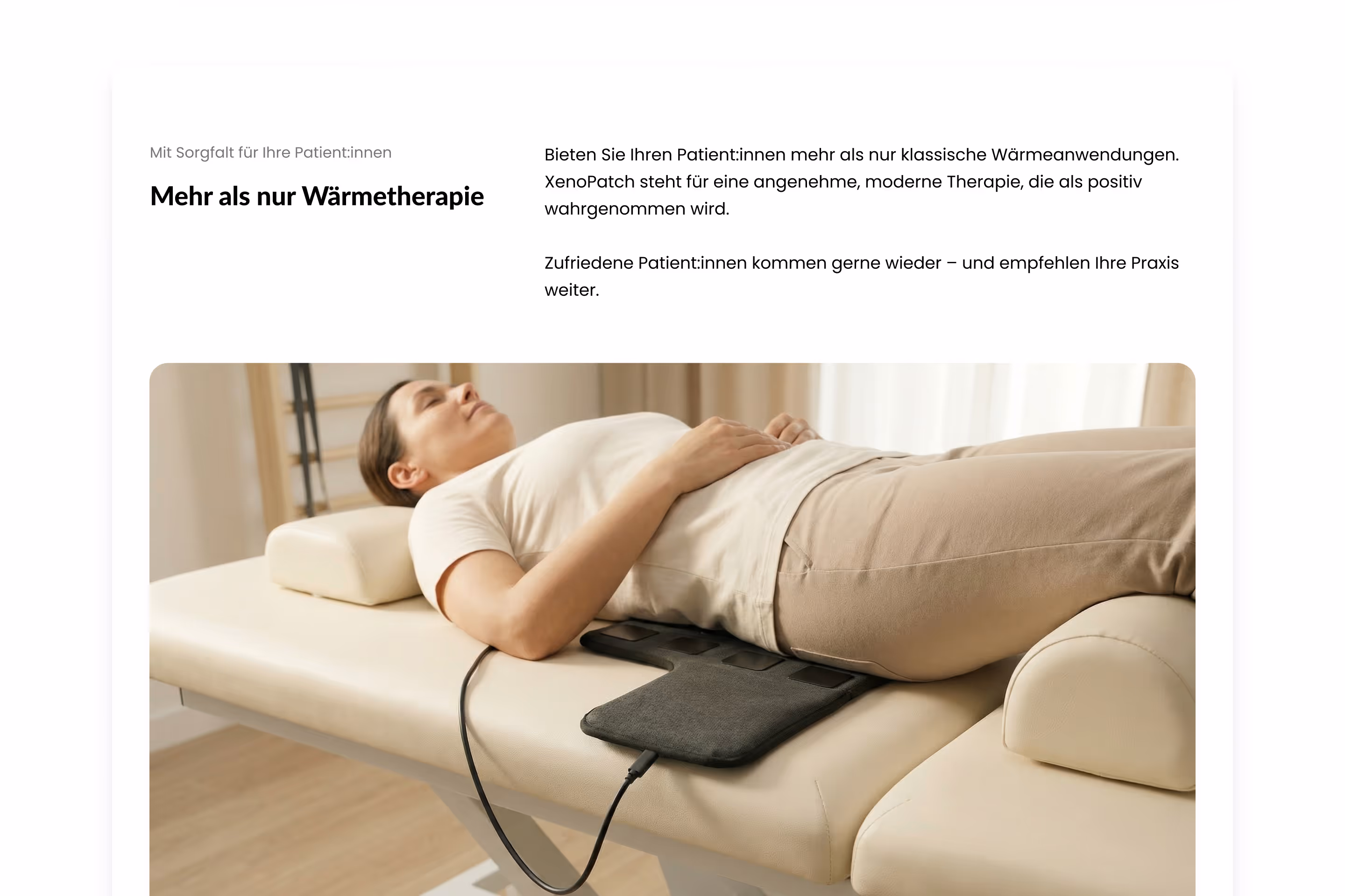 XenoHeat patient benefits section — woman receiving heat therapy while lying down, highlighting comfort and positive treatment experience