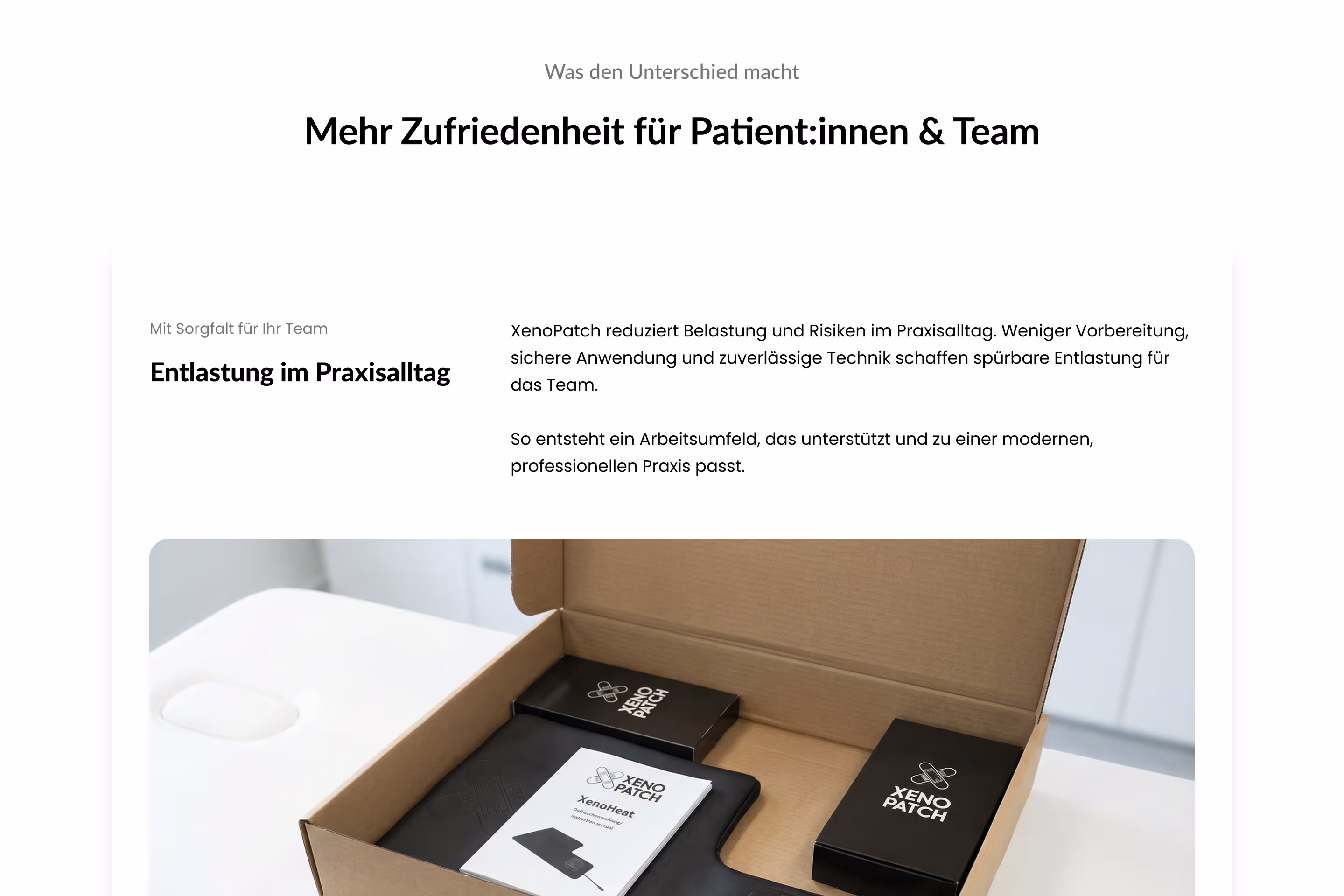 XenoHeat Team Benefits section — XenoPatch device packaging alongside benefit icons covering reduced daily workload, safe operation, reliable service, time savings, and working in a modern practice