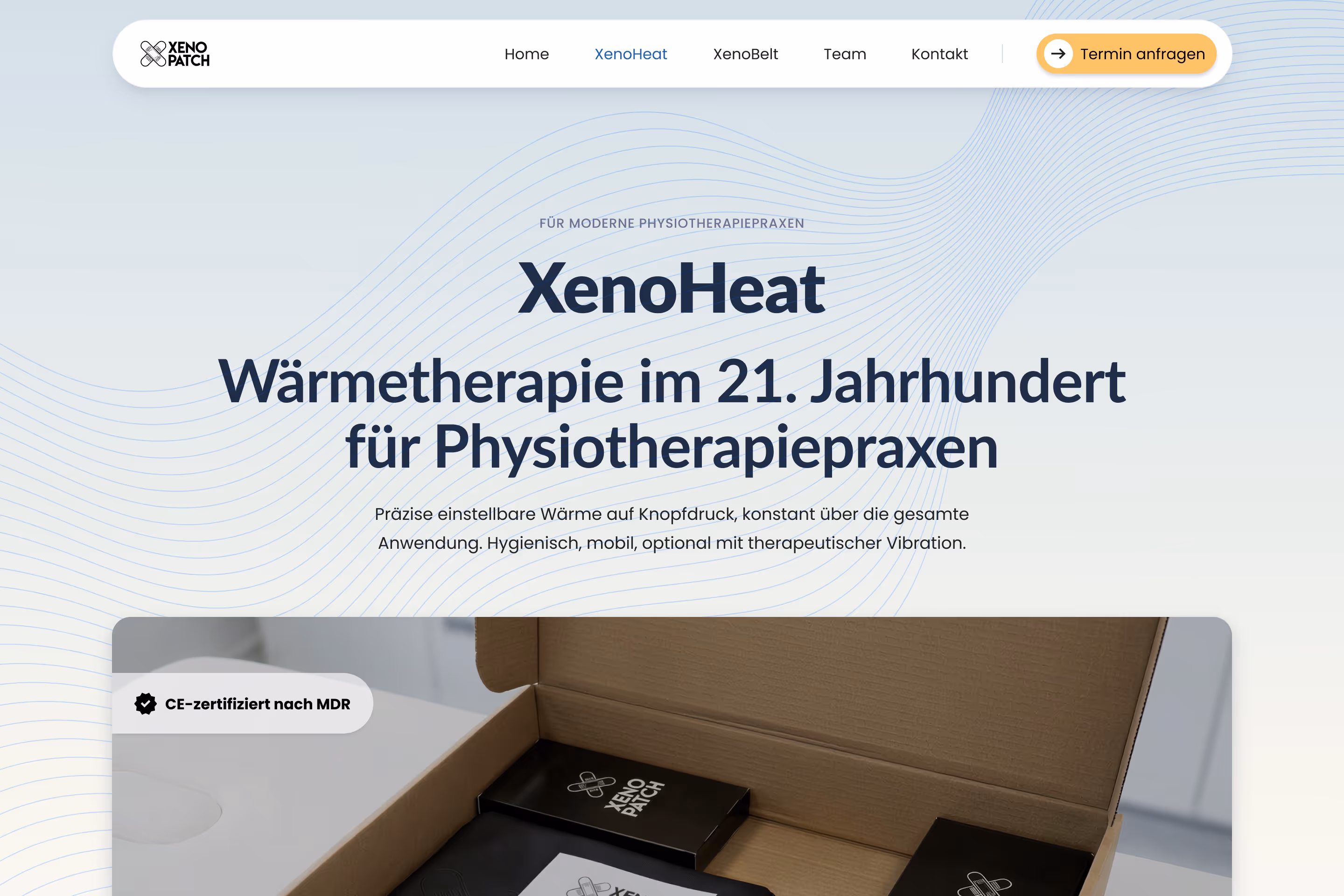 XenoHeat product page hero — CE-certified heat therapy device shown in packaging with wave background and navigation
