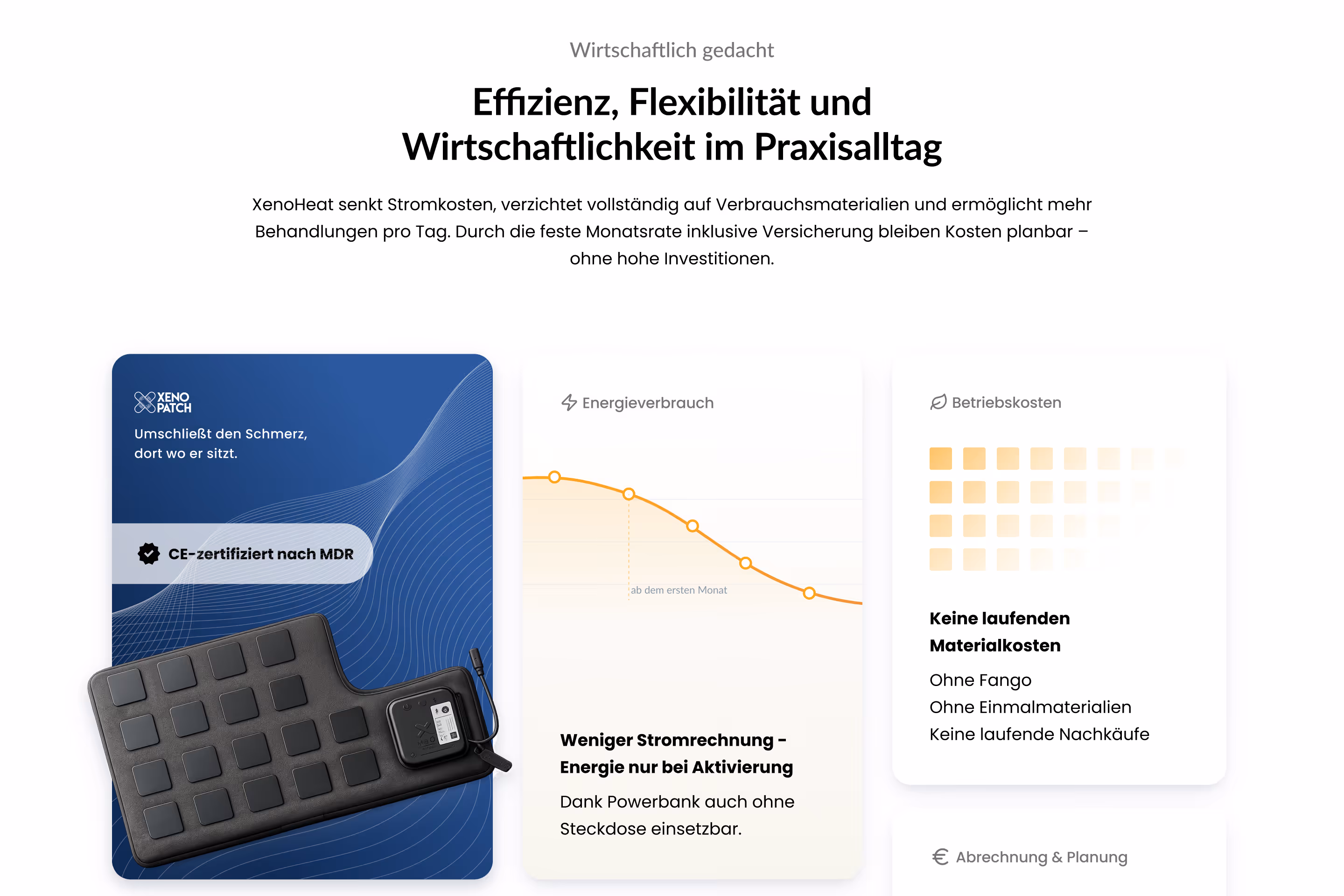 XenoHeat economics section — CE-certified device with cost cards showing reduced energy consumption, no consumables, and predictable monthly pricing