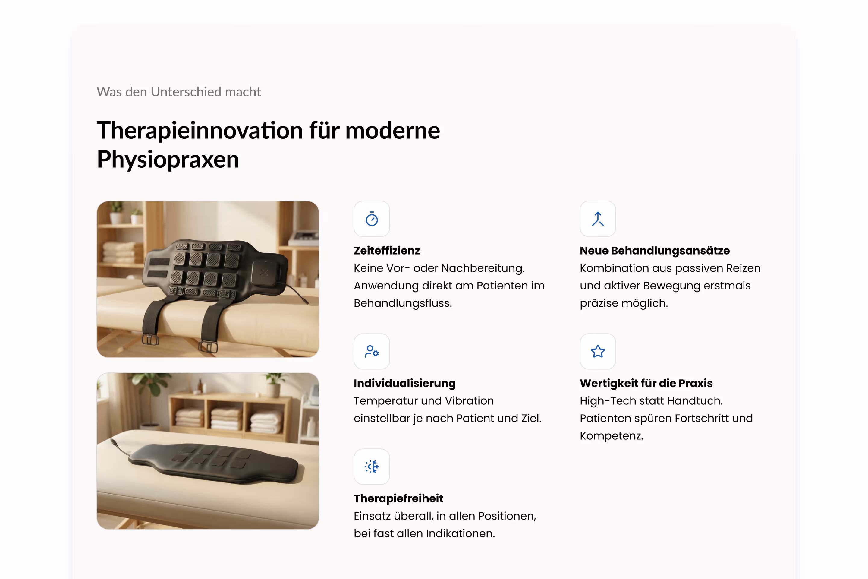 XenoBelt features section — device shown on treatment table with icons highlighting time efficiency, personalization, therapy freedom, and clinical value