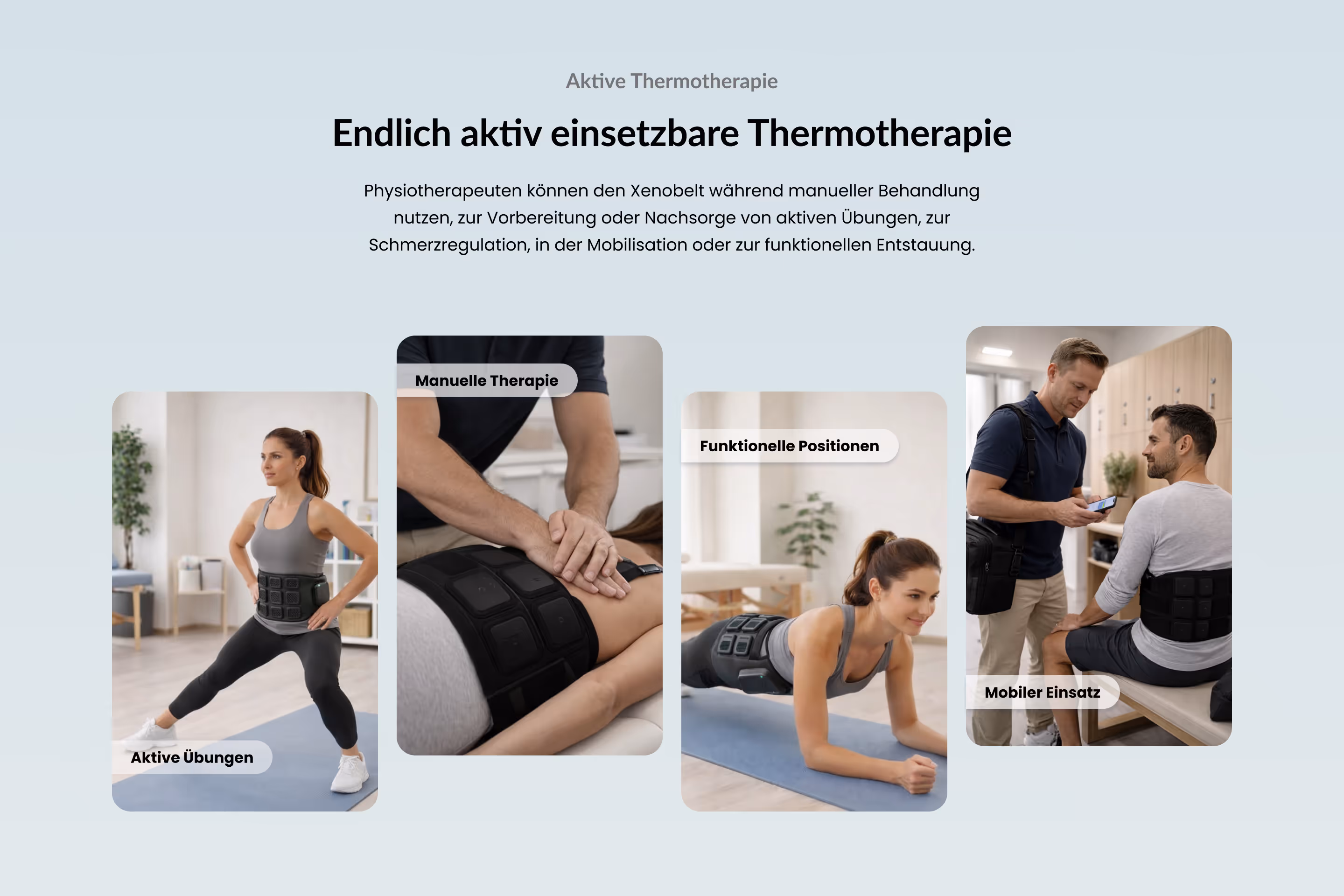 XenoBelt use cases section — physiotherapist applying the device during active exercises, manual therapy, functional positions, and mobile treatment scenarios